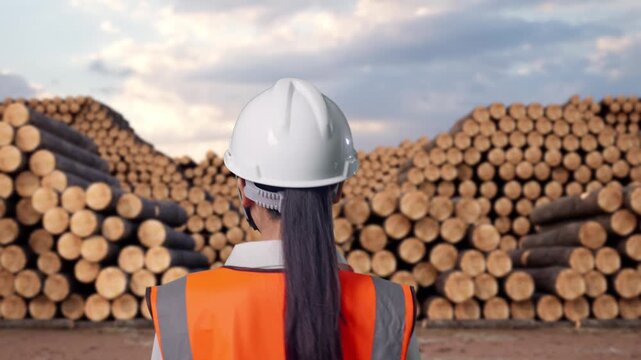 Back of Asian Female Engineer Walking with Stacked timber logs pile at outdoor lumber yard