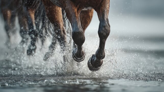 Cinematic horse legs galloping through water, powerful brown stallion hooves splashing in river, equine motion and speed concept