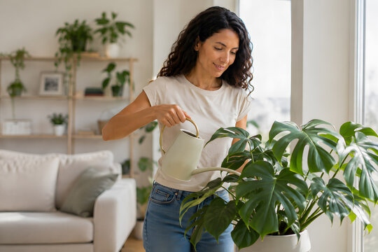 Plano medio de mujer sonriente regando una planta de interior monstera deliciosa con regadera en sal&oacute;n moderno con luz natural de ventana.