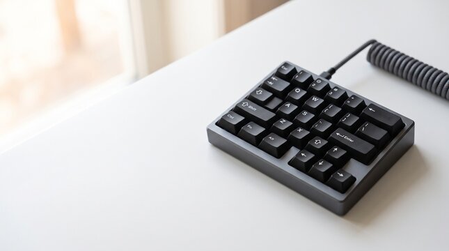 Black mechanical keyboard on a white desk with natural light  