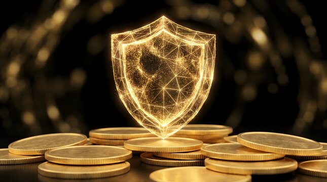 A glowing golden digital shield hovering over a pile of gold coins representing financial security.