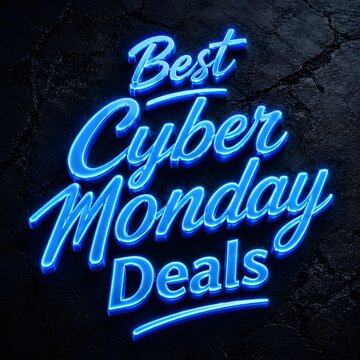 Cyber Monday Deals neon sign in blue, glowing electric light typography for seasonal sales, retail marketing banner on dark stone background