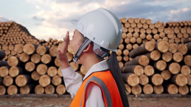 Side View of Asian Female Engineer Waving Hand Saying Bye While Walking with Stacked timber logs pile at outdoor lumber yard