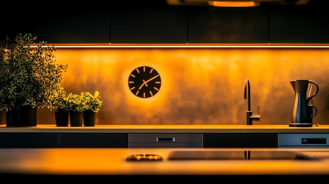 Modern kitchen backsplash with warm lighting, clock, and plants.