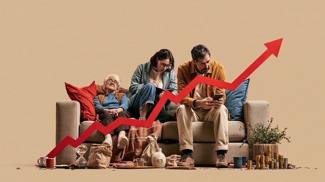 Generational family on sofa with upward trending growth arrow symbolizing financial prosperity and progress during leisure time
