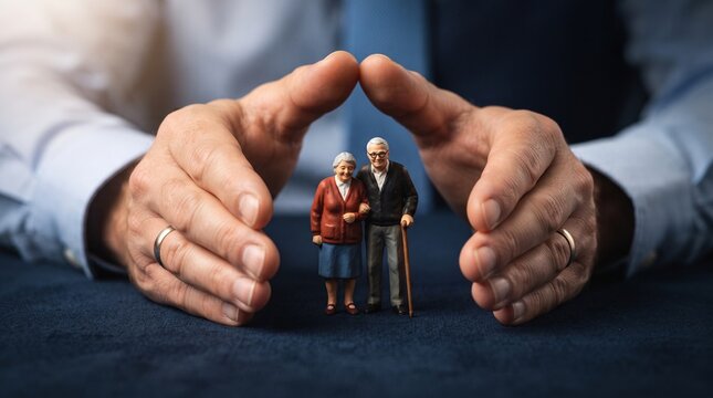 Large human hands protecting a tiny elderly couple standing together representing insurance and care support