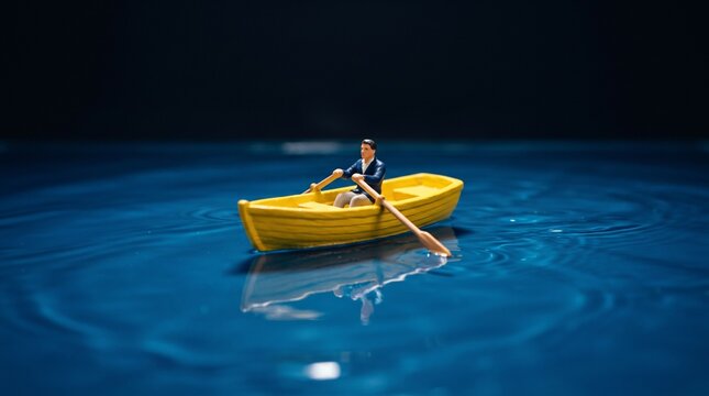 A miniature man in a small yellow boat rowing on calm dark water representing a journey or business challenge