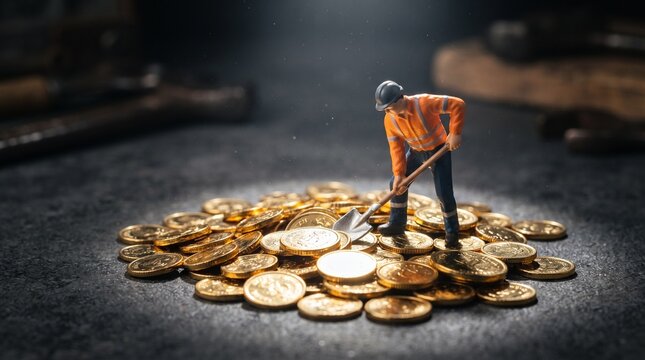 A miniature construction worker digging into a large pile of golden coins with a small silver metal shovel