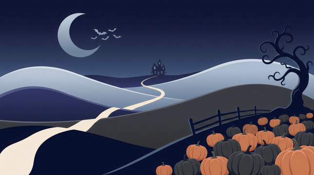 Crescent moon over winding mountain road at night