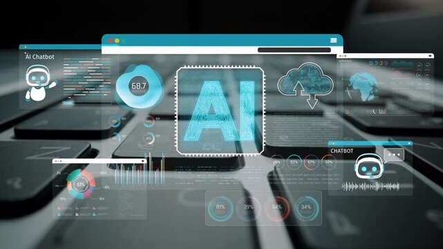 Artificial Intelligence Interface with Chatbot Graphics and Data Visualizations on a Computer Keyboard Sigmoid