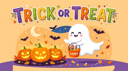 Fototapeta premium Cute cartoon ghost holding a candy bucket with pumpkins for halloween trick or treat celebration