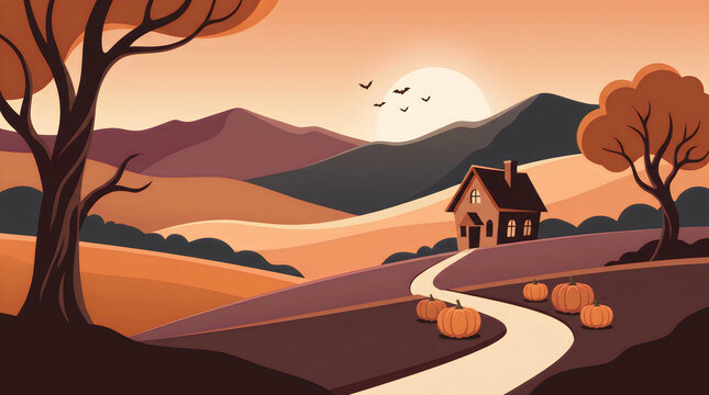 Cozy house on winding country road at sunset