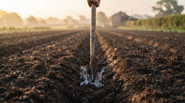 A weathered shovel is plunged into freshly tilled soil in a field at sunrise.