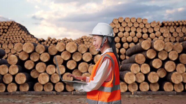 Side View of Asian Female Engineer Use Computer While Walking with Stacked timber logs pile at outdoor lumber yard