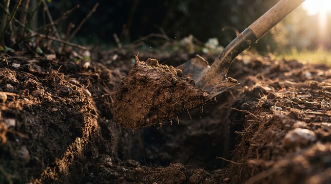 A shovel is used to dig into rich, dark soil, revealing its earthy texture and moisture.