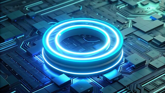 Abstract technology concept with glowing blue futuristic circular lights on circuit board background