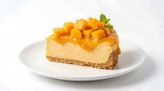 Slice of creamy mango cheesecake topped with fresh fruit on a white plate