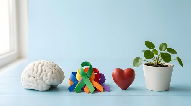 World mental health day conceptual image of mental health and wellbeing with a brain model, a colorful awareness ribbon, a heart, and a potted plant on a blue table