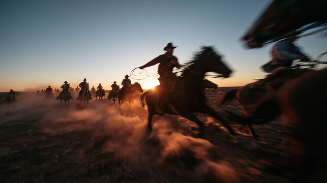 Cowboys Riding Horses Across Dusty Plains at Sunset