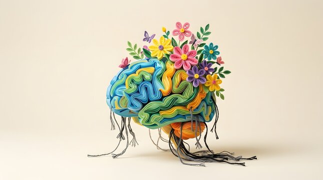 World mental health day paper quilling art of a colorful human brain blooming with flowers and butterflies, representing mental health, creativity, and growth