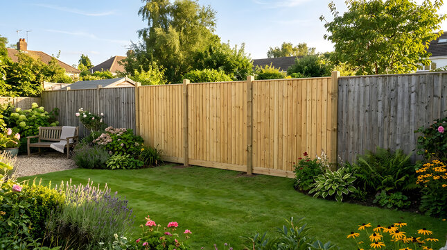Modern backyard landscaping ideas with wooden fence | New garden fence panels installation | Landscaped English garden with lawn and flower beds | Wooden garden bench in summer backyard