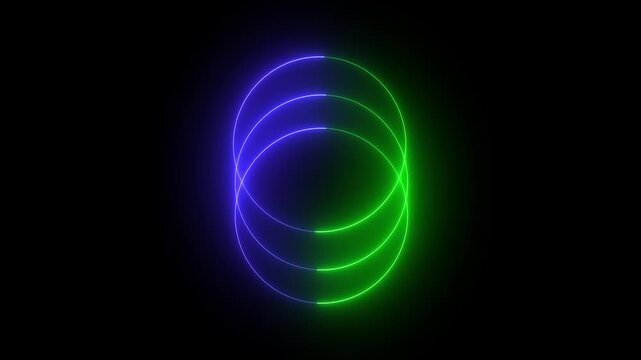 Glowing blue green neon circle shapes rotating on black background abstract