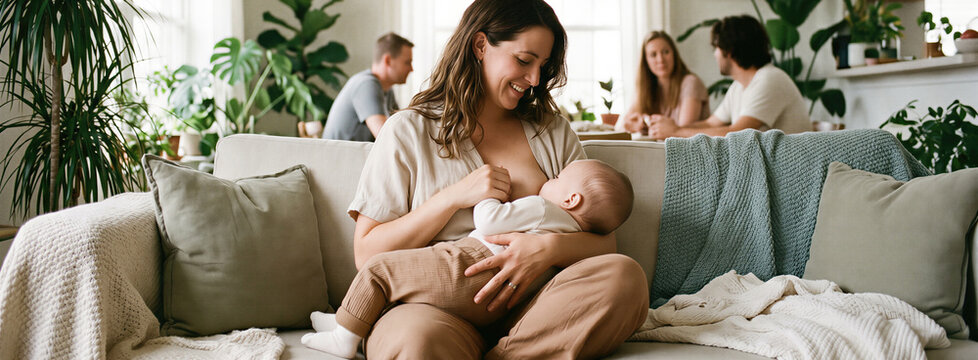 Woman breastfeeding infant at home. Mother nursing newborn baby on couch. Loving parent caring for child. Maternal health and maternity bonding during World Breastfeeding Week. Banner with copy space