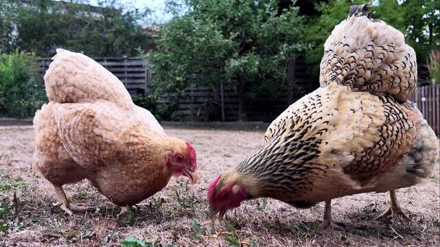 Drei Haush&uuml;hner fressen im Garten Mehlw&uuml;rmer in Zeitlupe, 8x