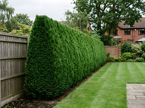 Tall evergreen privacy hedge in backyard garden | Manicured green lawn with striped mowing pattern | Conifer screening trees for residential landscaping | Well maintained garden border with wooden fen