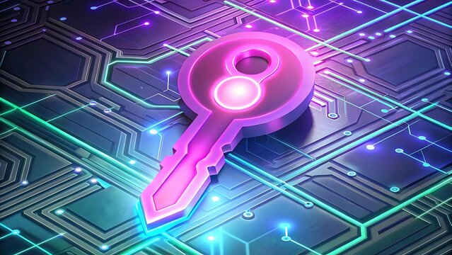 Digital security concept with glowing pink key on futuristic circuit board design