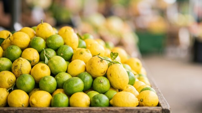 Fresh yellow lemons and green limes displayed at a local farmers market with soft background and copy space