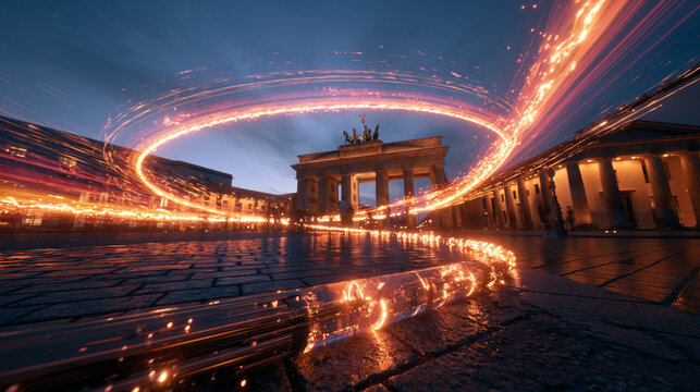 High Speed Data Network Light Trail Around Brandenburg Gate Berlin