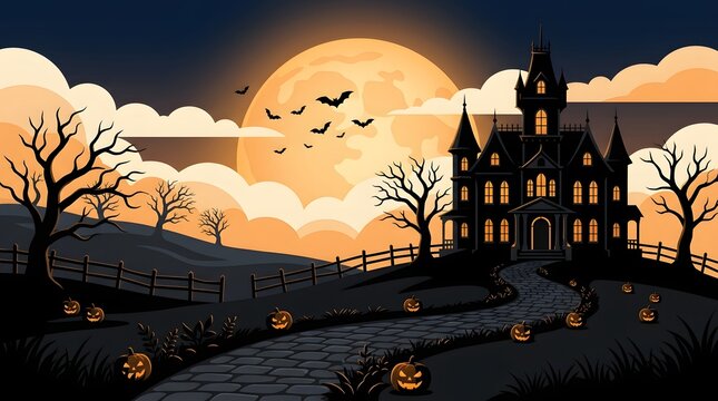 Spooky haunted house with full moon and bats at night