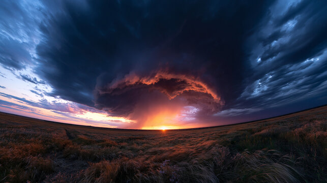 Dramatic Supercell Storm Cloud Over Open Field at Sunset