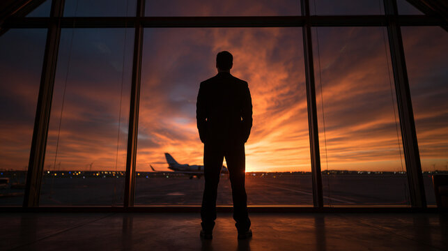 Businessman Silhouette Looking at Airplane Through Airport Window at Sunset
