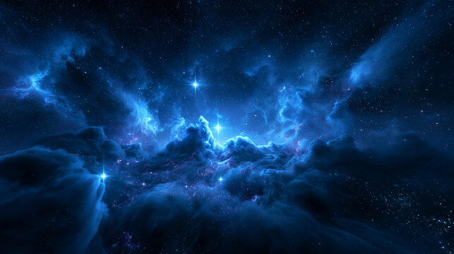 Deep Blue Cosmic Nebula with Bright Glowing Stars