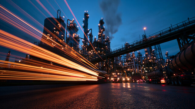 Oil Refinery Plant at Night with Traffic Light Trails