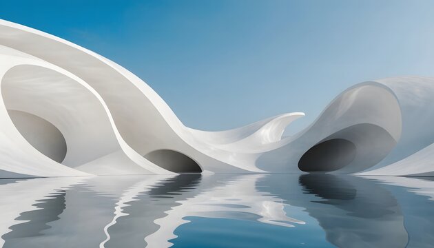 Futuristic architectural structures with smooth, flowing curves resembling waves, set against a clear blue sky