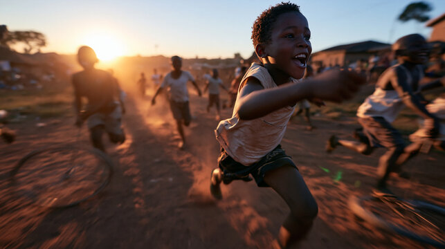 Happy African Boy Running Outdoors with Friends at Sunset