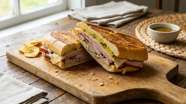 Fresh grilled panini sandwich on a wooden cutting board. Cuban Cuisine