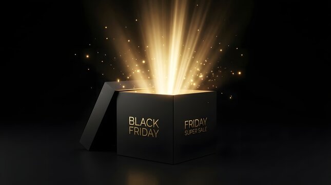 Open black gift box with magical golden light rays glowing from inside on dark background