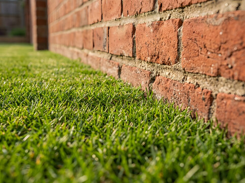 Lush green grass along red brick wall | Garden landscape design with brick boundaries | Close up of vibrant lawn and masonry texture