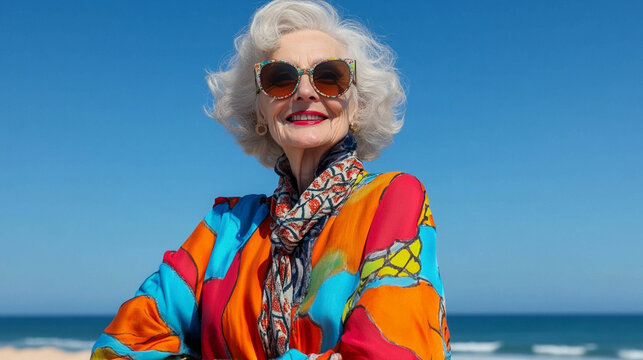 Stylish Senior Woman in Colorful Resort Fashion at the Beach
