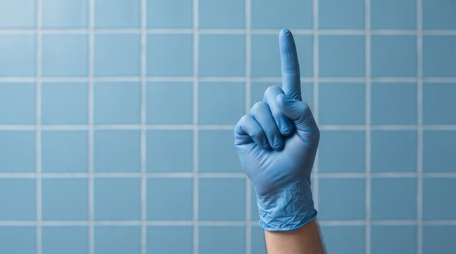 A blue-gloved hand with the index finger extended points upward against a muted blue tiled wall.