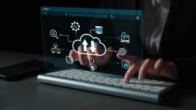 Futuristic Digital Cloud Technology Concept with Holographic Display and Keyboard for Online Data Management and Communication. Entropy.