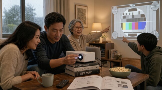 Family setting up digital projector in living room