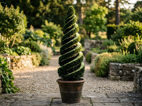 spiral topiary tree in terracotta pot | elegant garden landscaping ideas | sculpted evergreen shrub for patio decoration | formal garden design with manicured boxwood