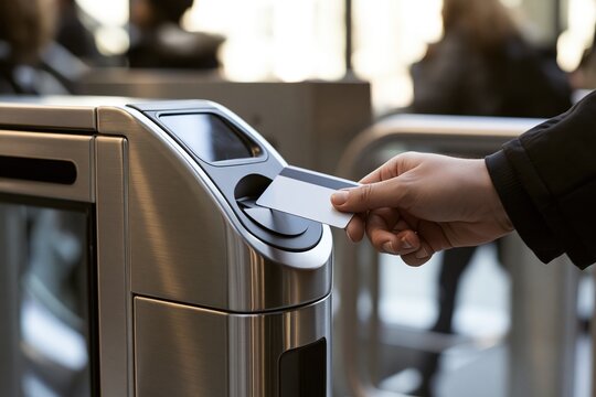 Hand holding card approaching metal ticket machine.
