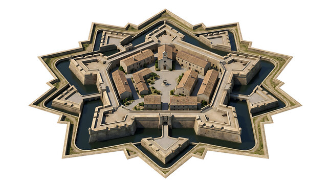 Aerial View of a Star Shaped Medieval Stone Fortress with Moat