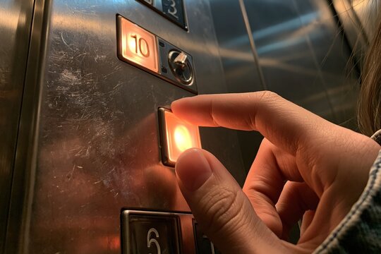Hand pressing elevator button, finger pressing number 10.